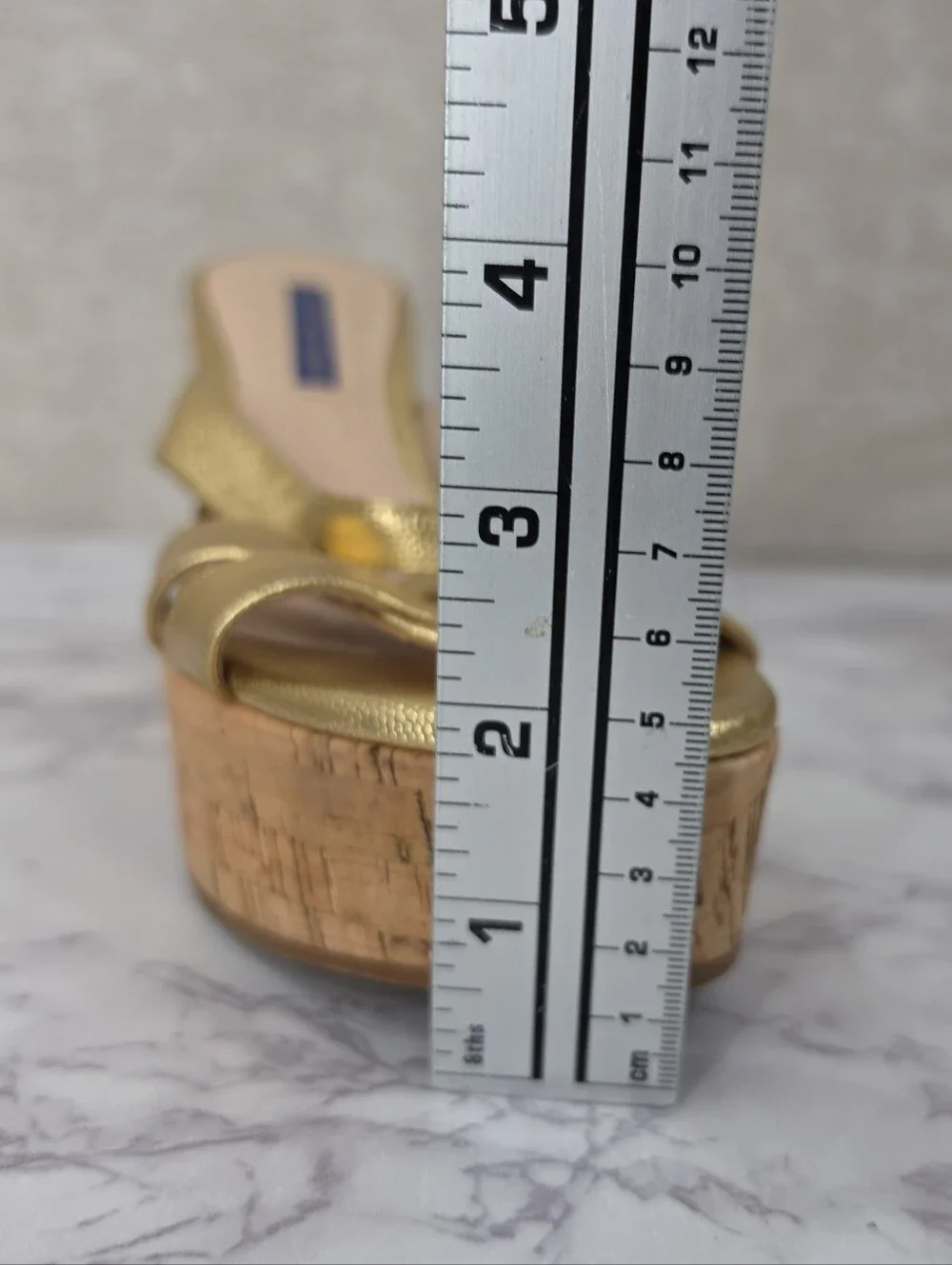 Stuart Weitzman Metallic Gold Leather Straps Cork Wedge Platform Sandals - Picture 15 of 15